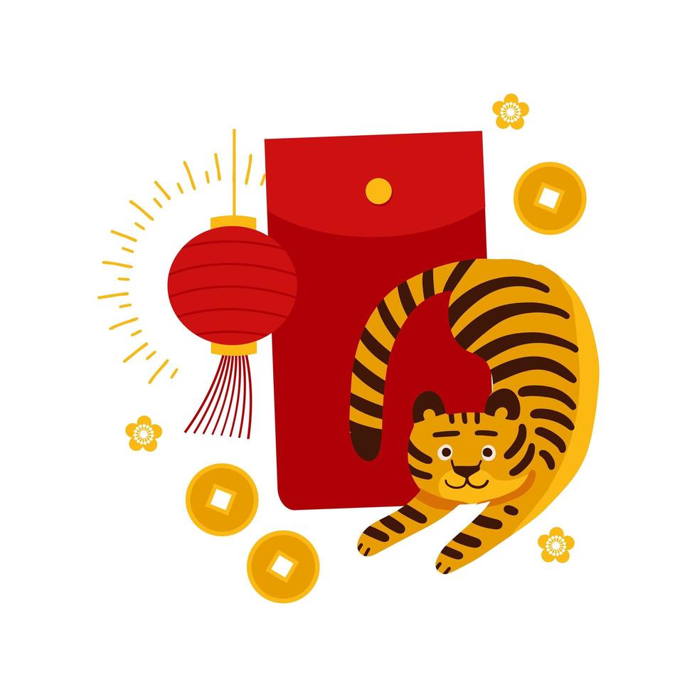 2022 année de la bannière du tigre. un joli tigre avec un gros paquet rouge avec de l'argent sur cny. jolie carte de voeux avec lanterne et fleurs. illustration vectorielle plane. vecteur