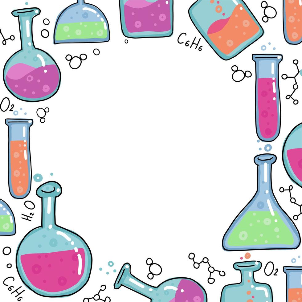 vecteur de tubes à essai de chimie décrit croquis cadre rond. illustration de l'éducation des enfants dans le style de doodle de couleur de ligne mince. ensemble d'ampoules rondes et carrées dessinées à la main avec un liquide bouillonnant sur fond blanc.