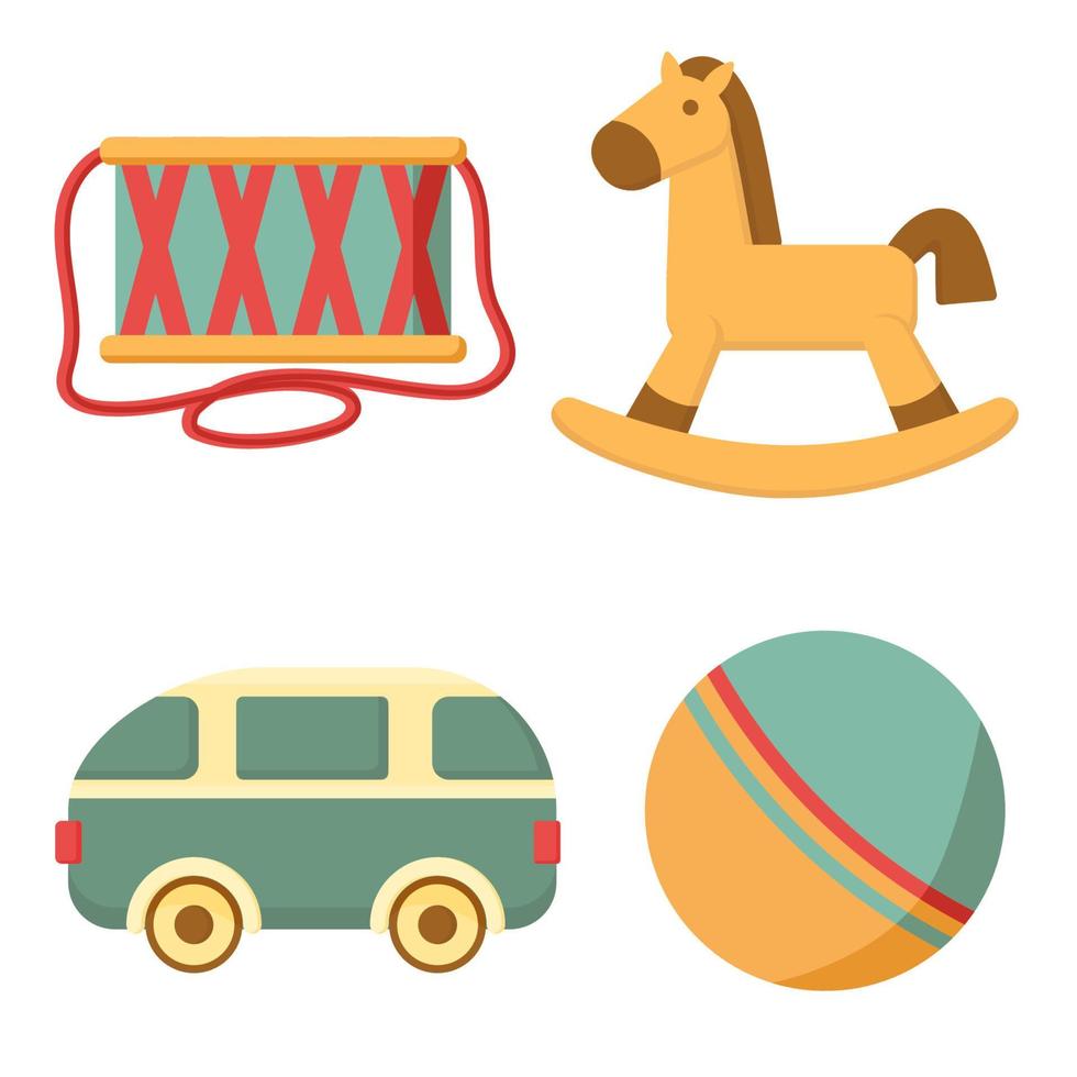 jeu d'icônes de jouets pour enfants. cheval, tambour, balle, voiture, illustration vectorielle plane de jouets pour enfants pour votre conception. vecteur