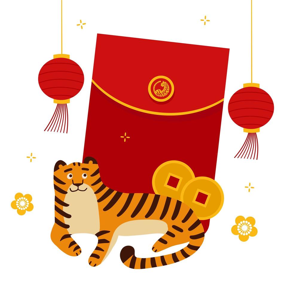 joyeux nouvel an chinois 2022 avec un joli tigre allongé devant un paquet rouge, des lanternes et des pièces de monnaie. concept de cny isolé. illustration vectorielle plane. vecteur