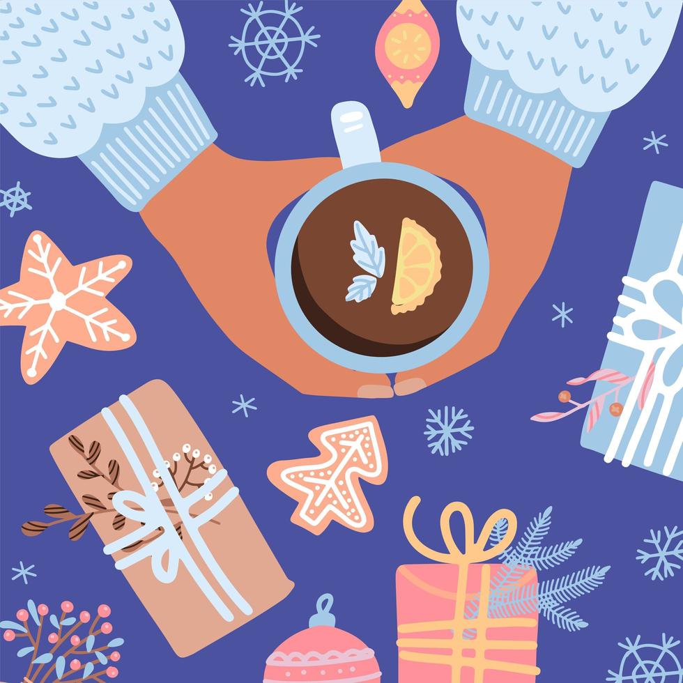 illustration avec une tasse de thé, biscuit, coffrets cadeaux, nourriture de noël. style rétro à la mode. modèle de conception plate de vecteur. vue de dessus. ambiance de Noël confortable. vecteur