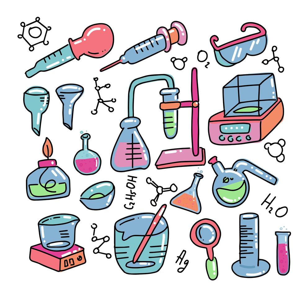 icônes dessinées à la main de couleur décorative de chimie sertie d'illustration vectorielle isolée d'équipement d'expérience scientifique de laboratoire chimique. ensemble d'équipements de laboratoire de style doodle. chimie et science pour enfants vecteur