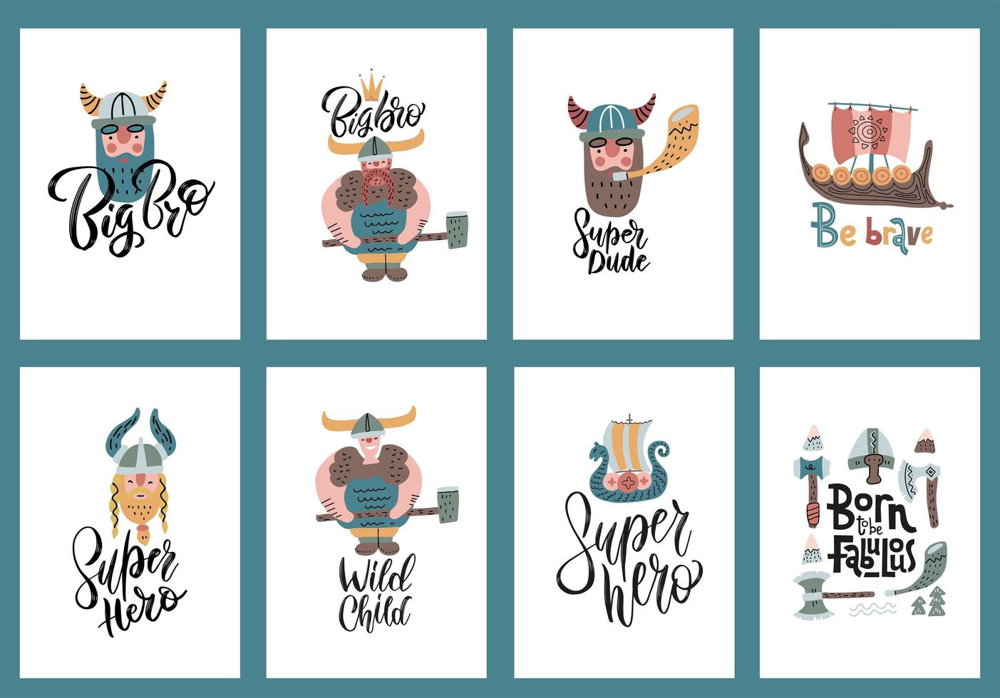 adorable ensemble d'affiches de personnages de dessins animés vikings de taille a4, style scandinave avec lettrage. illustrations vectorielles à plat pour et bannière, livre pour enfants, carte postale, carte-cadeau, impression de t-shirt, autocollant vecteur