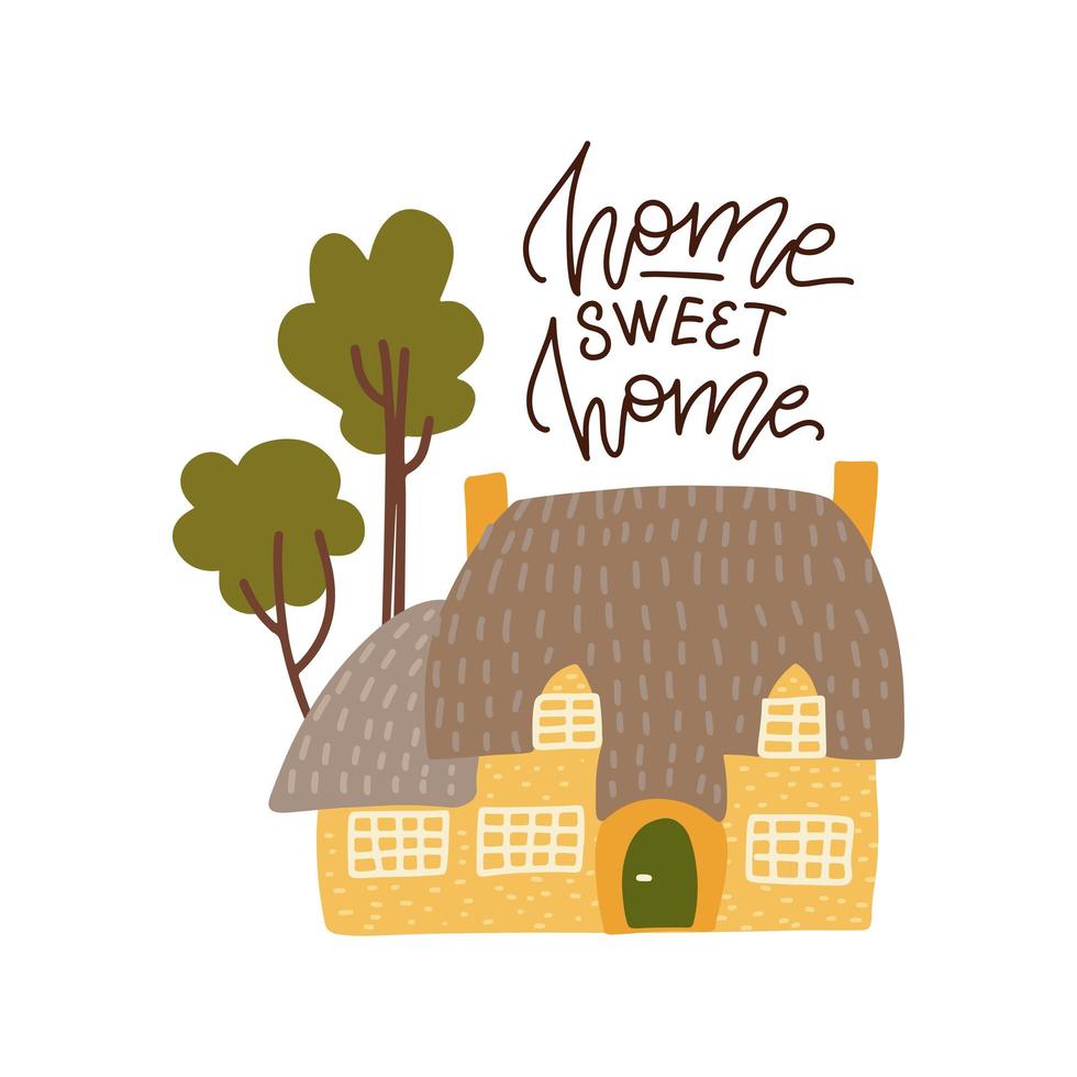 illustration vectorielle plane de jolie maison jaune avec des arbres. citation de lettrage home sweet home. vecteur