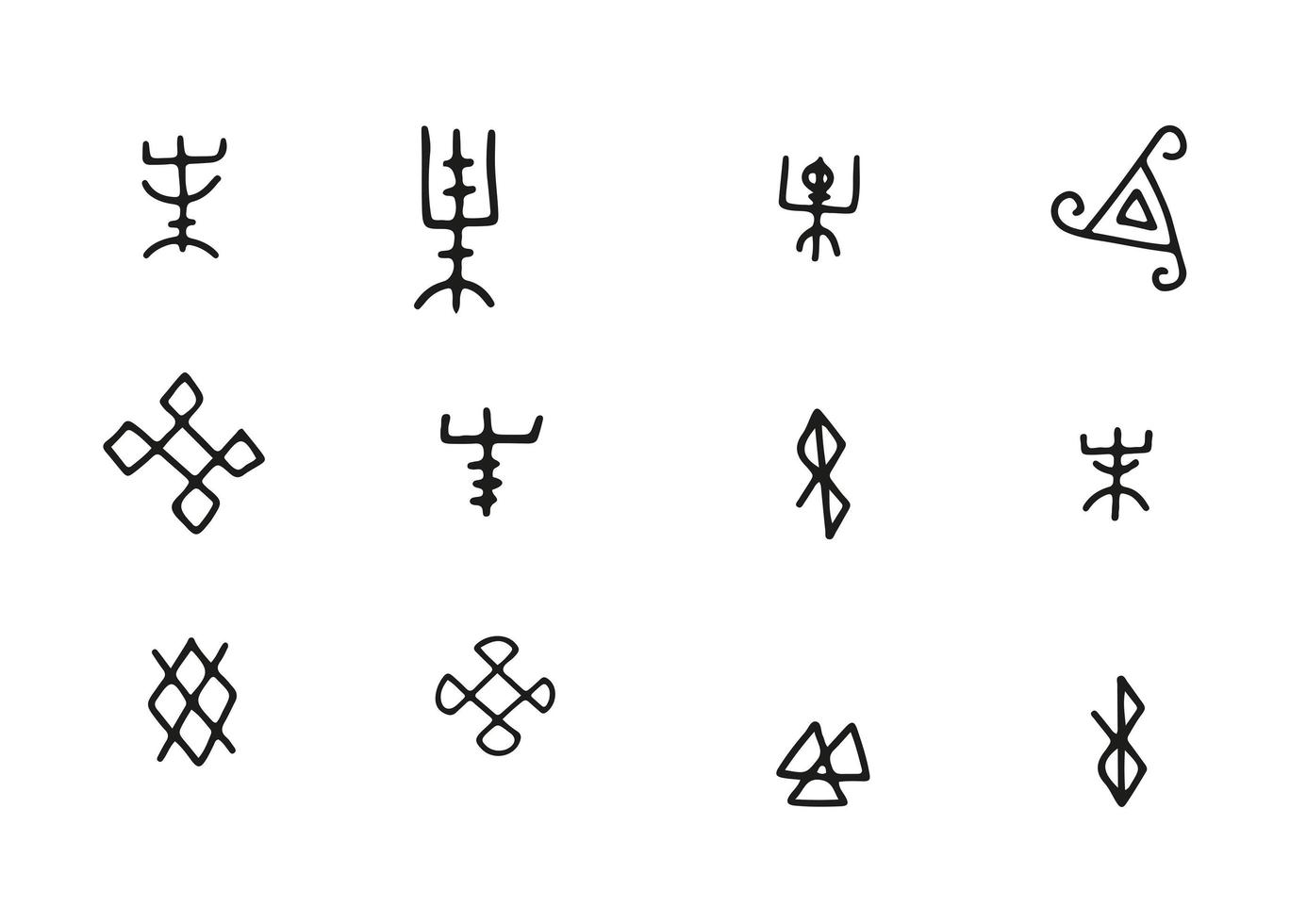 ensemble de runes futhark norses insulaires et viking simples. la main magique dessine des symboles sous forme de talismans scénarisés. Vector runes anciennes de vikings. galdrastafir, signes mystiques de la magie nordique primitive. viking nordique ethnique