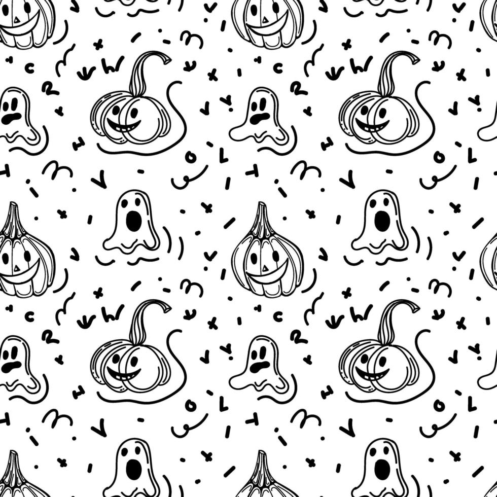 fond transparent avec des éléments d'halloween dessinés dans un style doodle. citrouilles mignonnes et fantômes joyeux. fond d'halloween monogame. vecteur