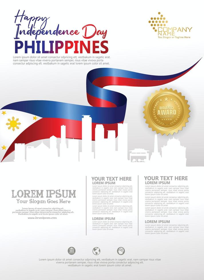 modèle de fond de bonne fête nationale des philippines avec des drapeaux de ruban et une ville de silhouette pour un dépliant d'affiche et une brochure vecteur