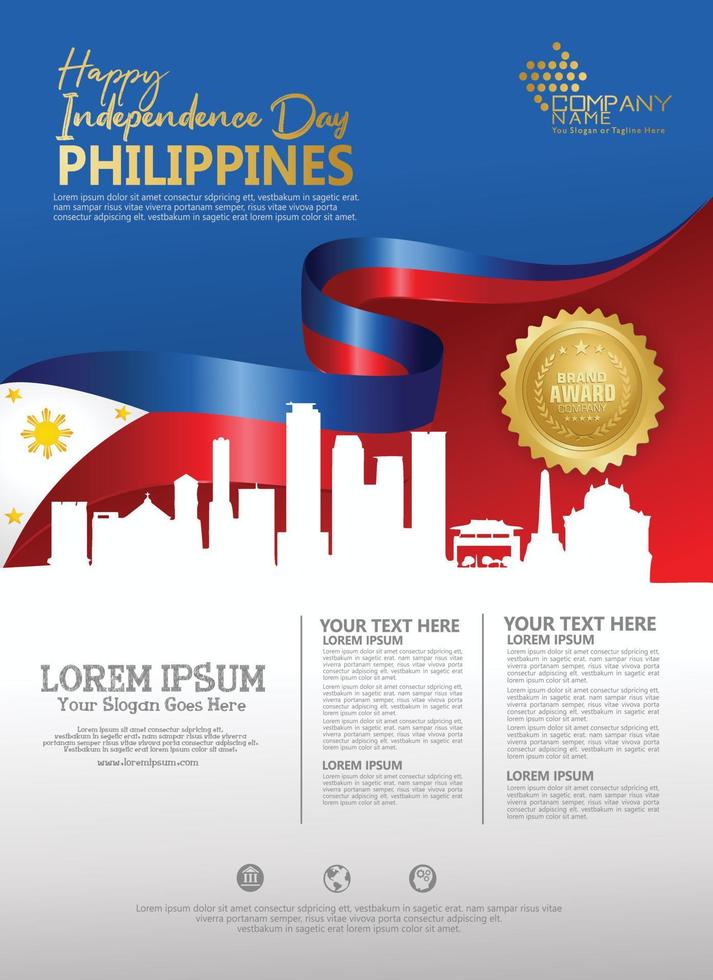 modèle de fond de bonne fête nationale des philippines avec des drapeaux de ruban et une ville de silhouette pour un dépliant d'affiche et une brochure vecteur