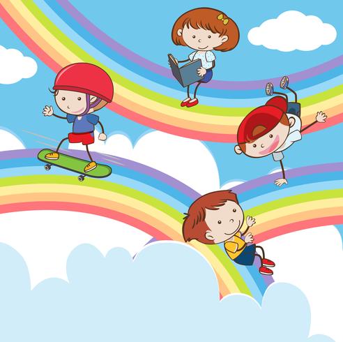 Doodle Enfants Jouant sur Rainbow vecteur