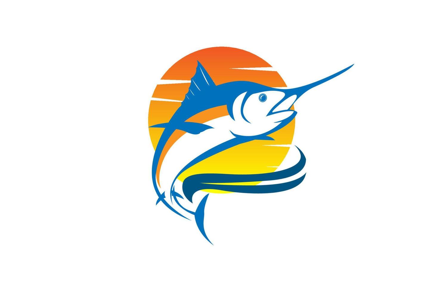 coucher de soleil mer océan avec saut thon marlin épée poisson pour la pêche sport voyage club logo design vecteur