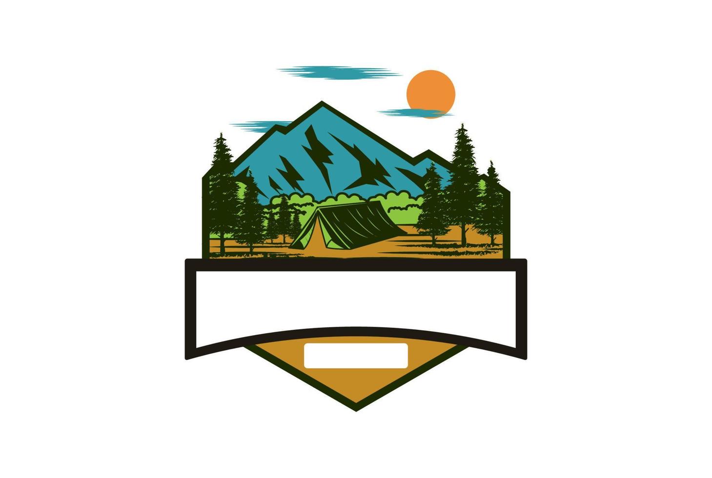 emblème de camp d'été en plein air forêt de pins de montagne pour chemises timbres autocollants logo et conception d'étiquettes vecteur