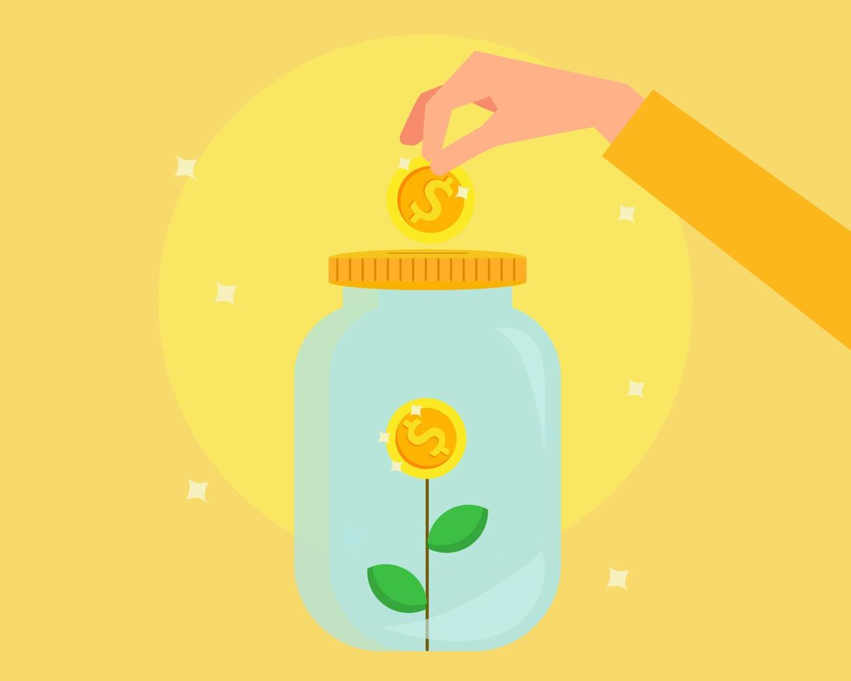 concept de finance ou d'entreprise. fleur de pièce d'un dollar dans un bocal avec la main mettant une pièce d'or dans un bocal. style de vecteur de dessin animé pour votre conception.