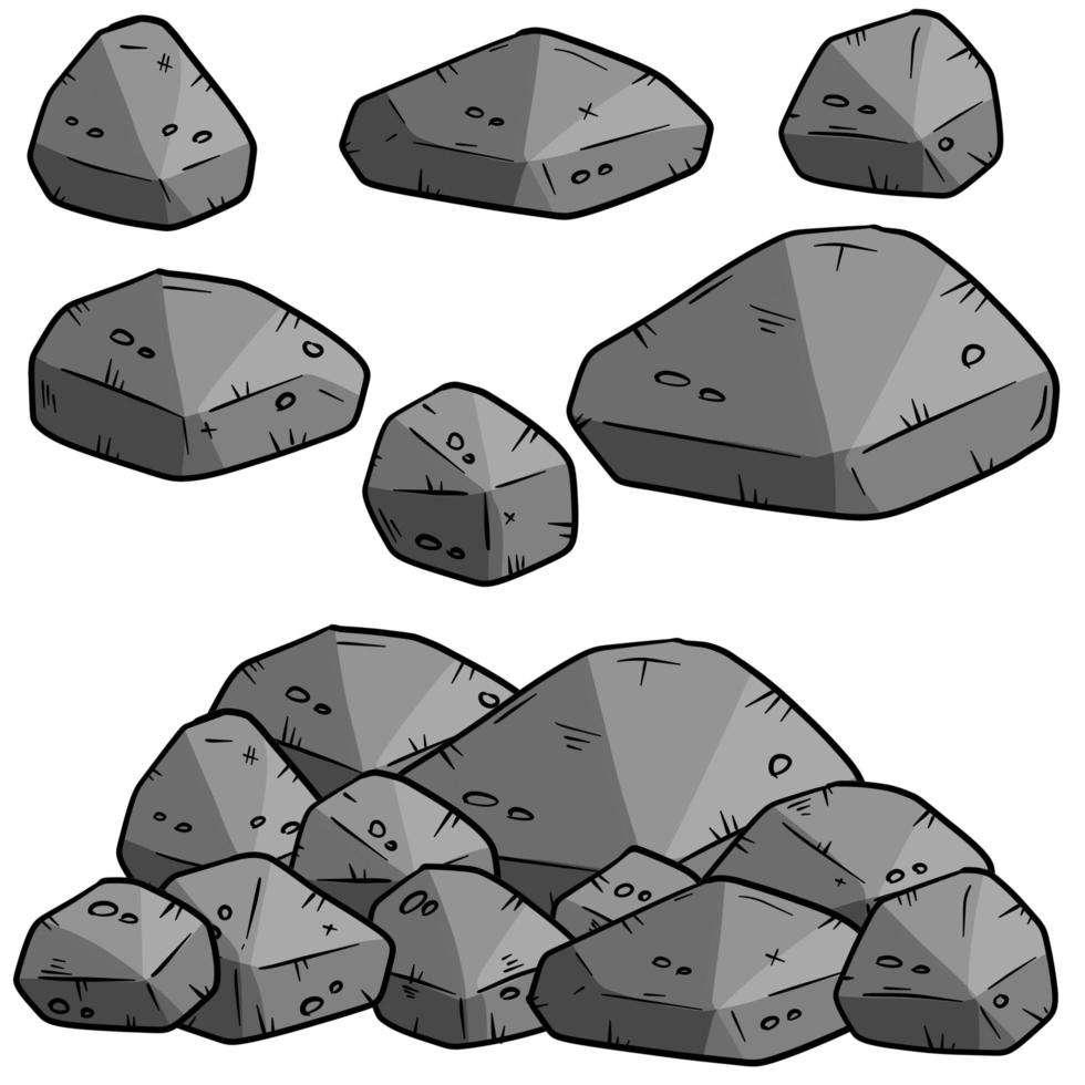 ensemble de pierres de granit de dessin animé gris de différentes formes. élément de la nature, montagnes, rochers, grottes sur fond blanc. minéraux, rochers et galets vecteur