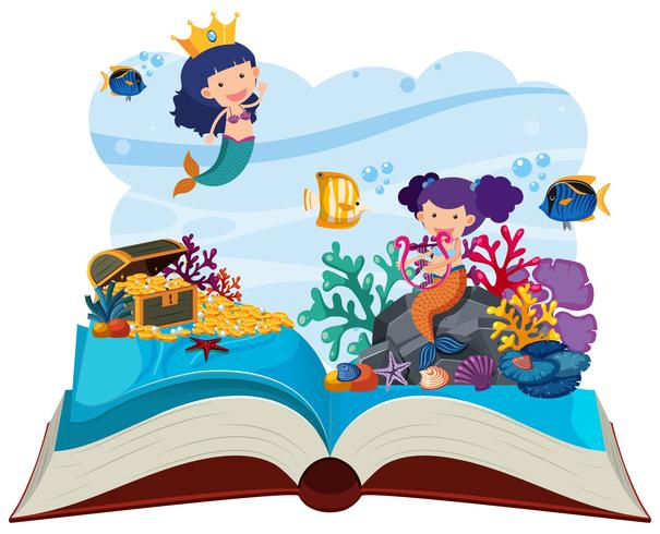 Scène sous-marine avec livre de sirènes pop-up vecteur