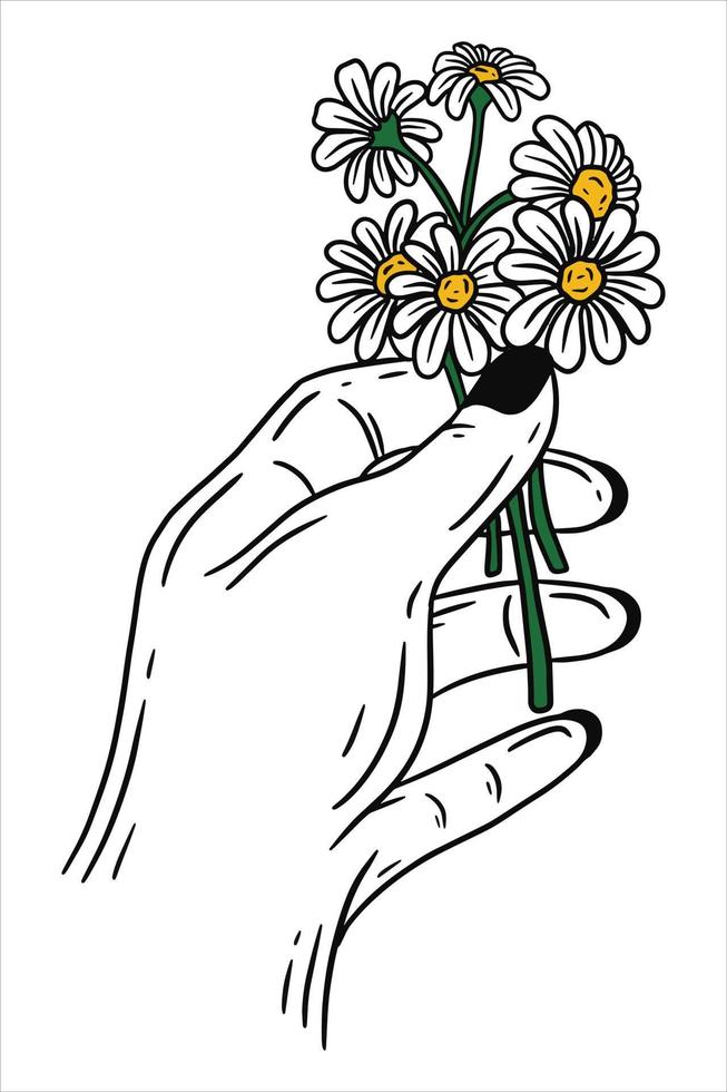 main de femme tenant une fleur rose geste illustration d'art en ligne plate vecteur