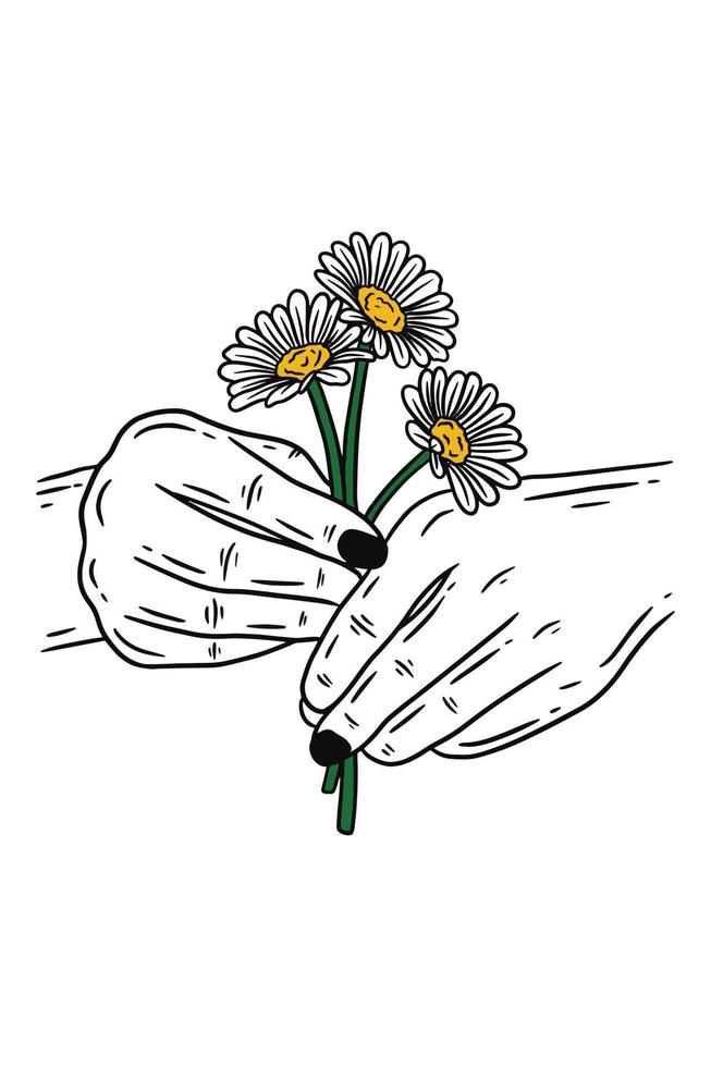 main de femme tenant une fleur rose geste illustration d'art en ligne plate vecteur