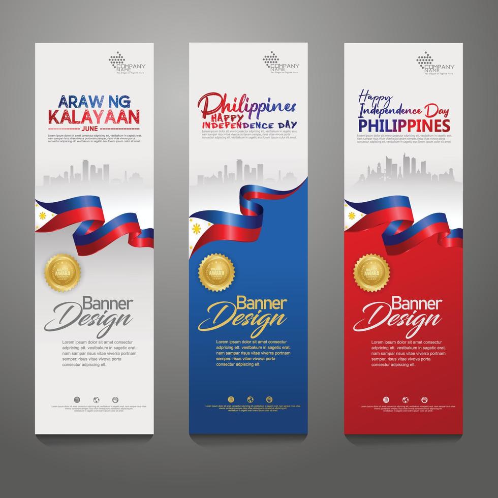 définir le modèle de conception de bannière verticale. joyeux jour de l'indépendance philippines fond moderne avec drapeau de ruban, ruban de récompense d'or et ville de silhouette vecteur
