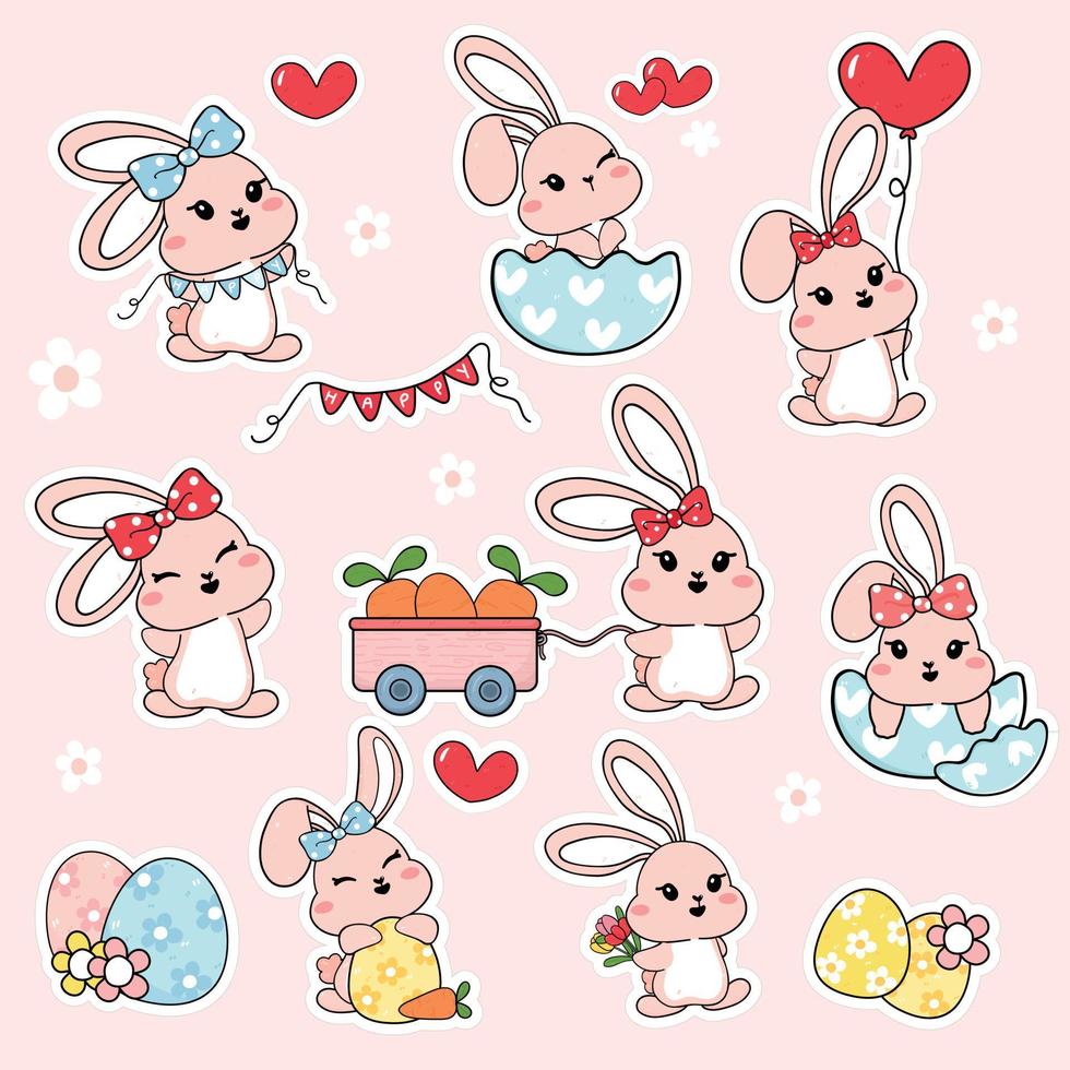 groupe de mignons lapins blancs heureux avec ensemble de collection d'autocollants de carottes et d'oeufs de pâques, vecteur de contour de dessin de dessin animé