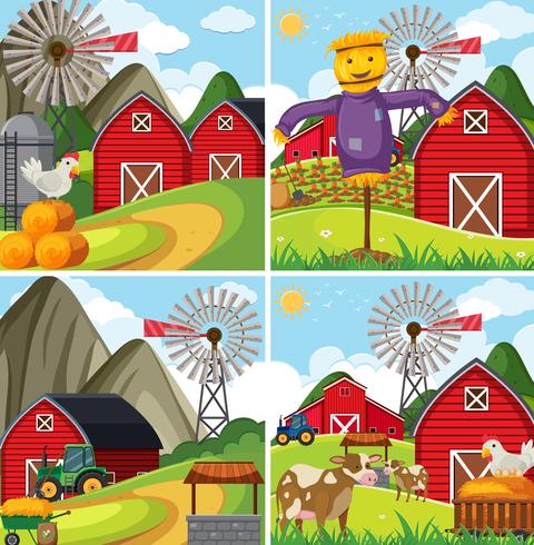 Quatre scènes de ferme avec une grange rouge et des animaux de la ferme vecteur