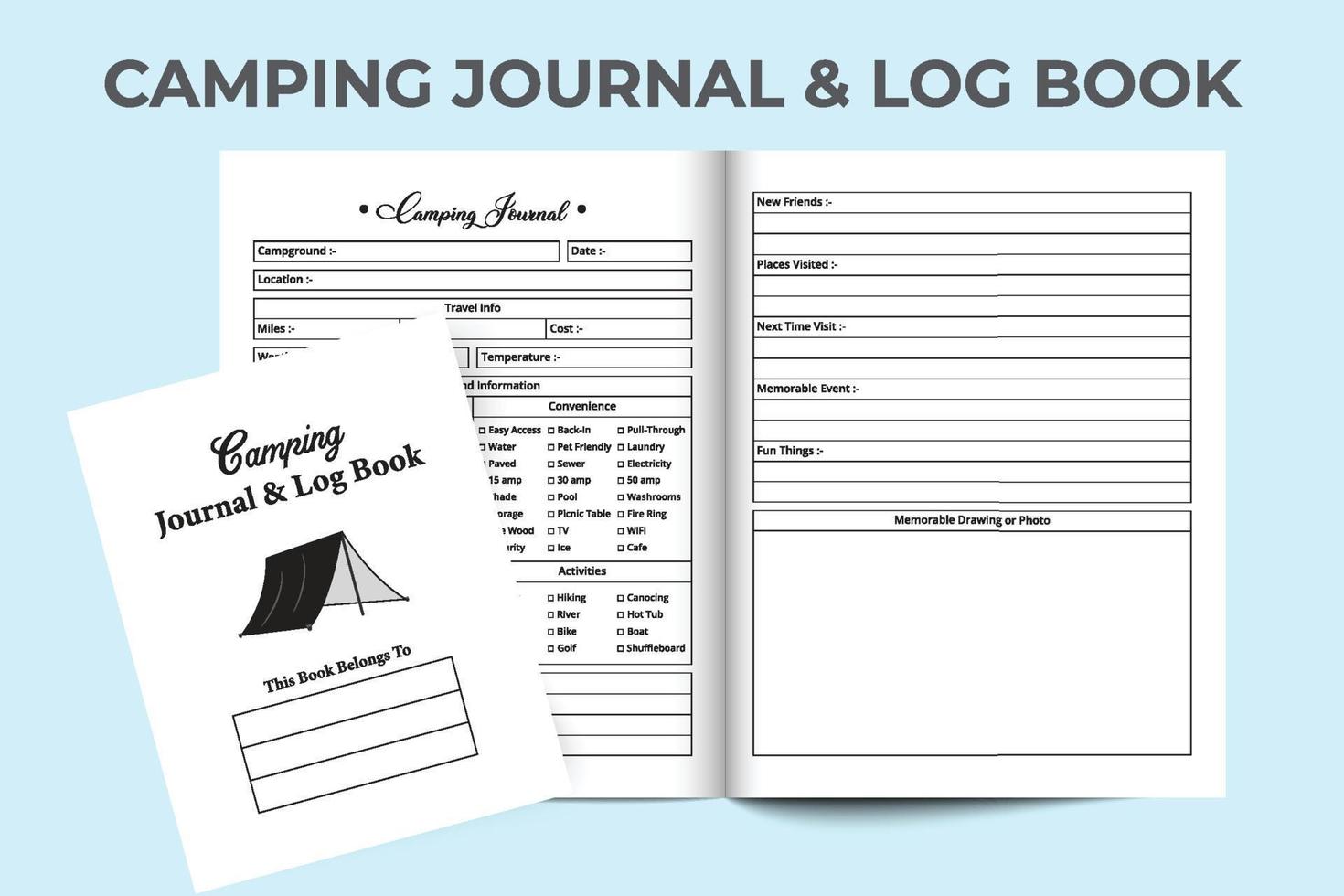 intérieur du journal de bord du camping. traqueur d'informations sur le camp et carnet d'expériences. intérieur d'un journal. intérieur du journal de bord du suivi de l'emplacement de camping. carnet de contrôle des informations de voyage. vecteur