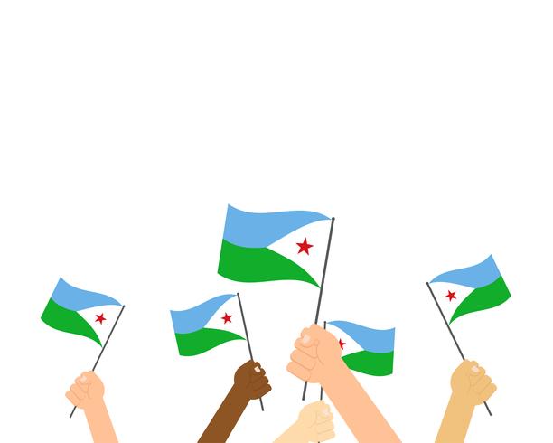 Illustration vectorielle de mains tenant des drapeaux de Djibouti isolés sur fond blanc vecteur