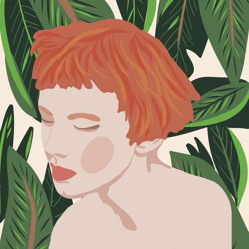 portrait style fille jeunes femmes à la mode avec des plantes vector illustration