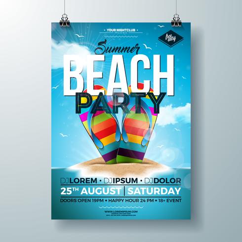 Vector Summer Party Flyer Design avec une bascule colorée et une île tropicale sur fond bleu océan. Modèle de conception célébration de vacances d&#39;été