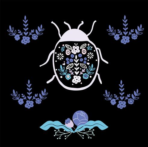 bug art populaire avec ornement élément floral style scandinave vecteur