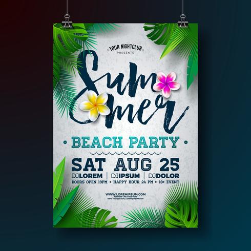 Vector Summer Beach Party Flyer Design avec des feuilles de fleurs et de palmiers tropicaux sur fond blanc. Illustration de vacances d&#39;été avec des plantes exotiques