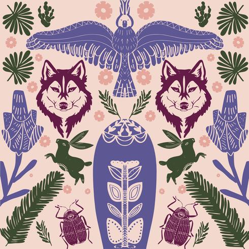 Motif de loup d&#39;art populaire scandinave avec des oiseaux et des fleurs vecteur