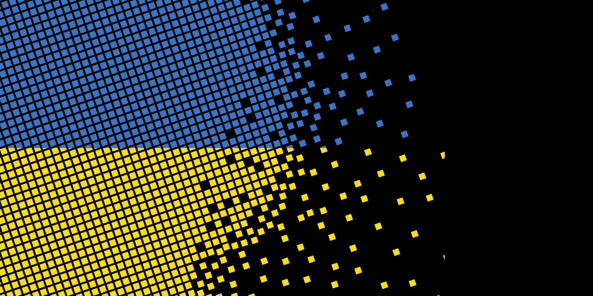 pixel art avec le drapeau de l'ukraine. les points de pixel grandissent en se concentrant dans le drapeau. les points à l'intérieur du drapeau ukrainien sont du pixel art représentant l'unité et l'indépendance. drapeau sur fond noir. vecteur