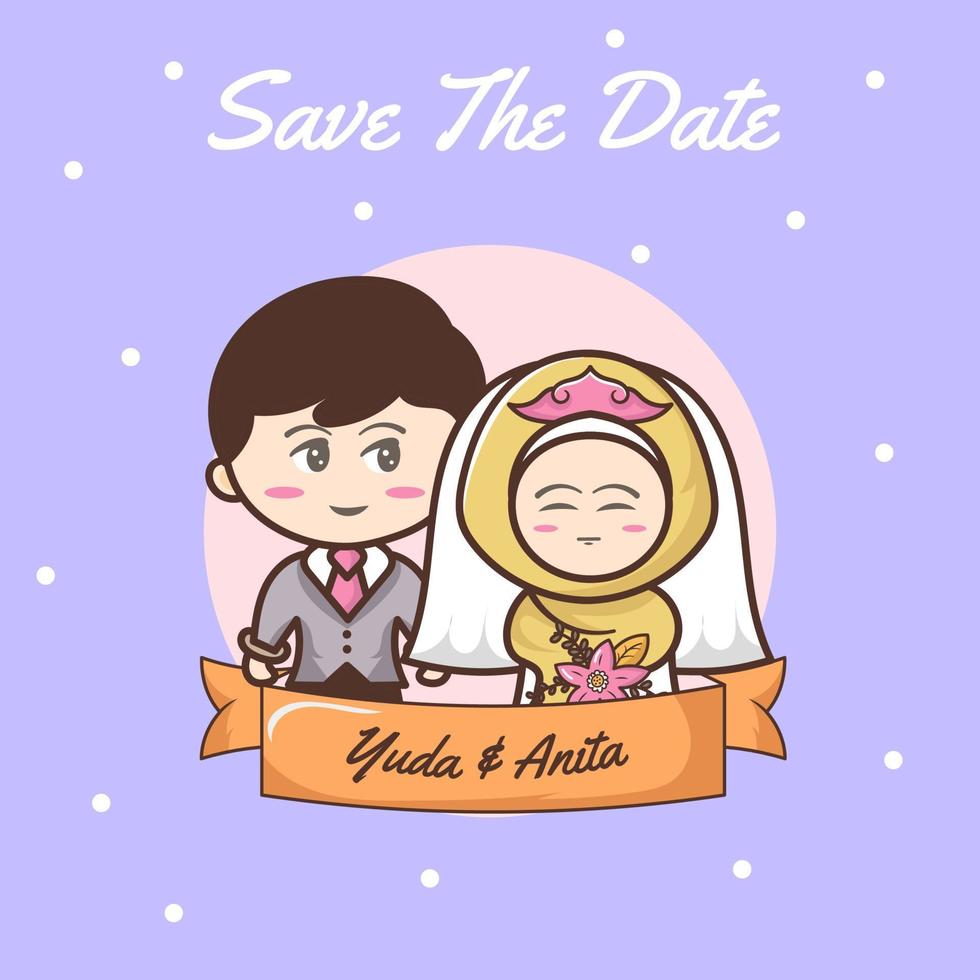 enregistrer la date dessin animé mignon mariées mariées musulmanes vecteur