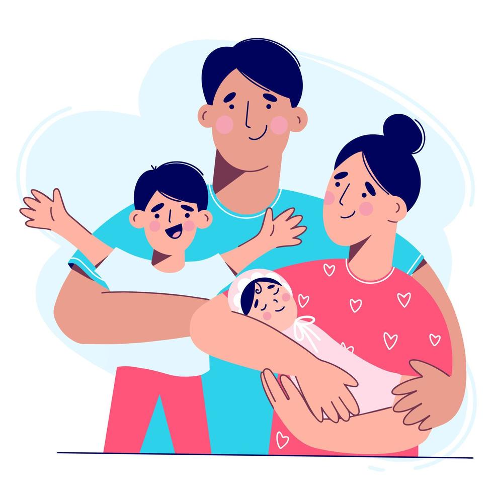 jeune famille avec deux enfants. la femme tient le nouveau-né dans ses bras vecteur