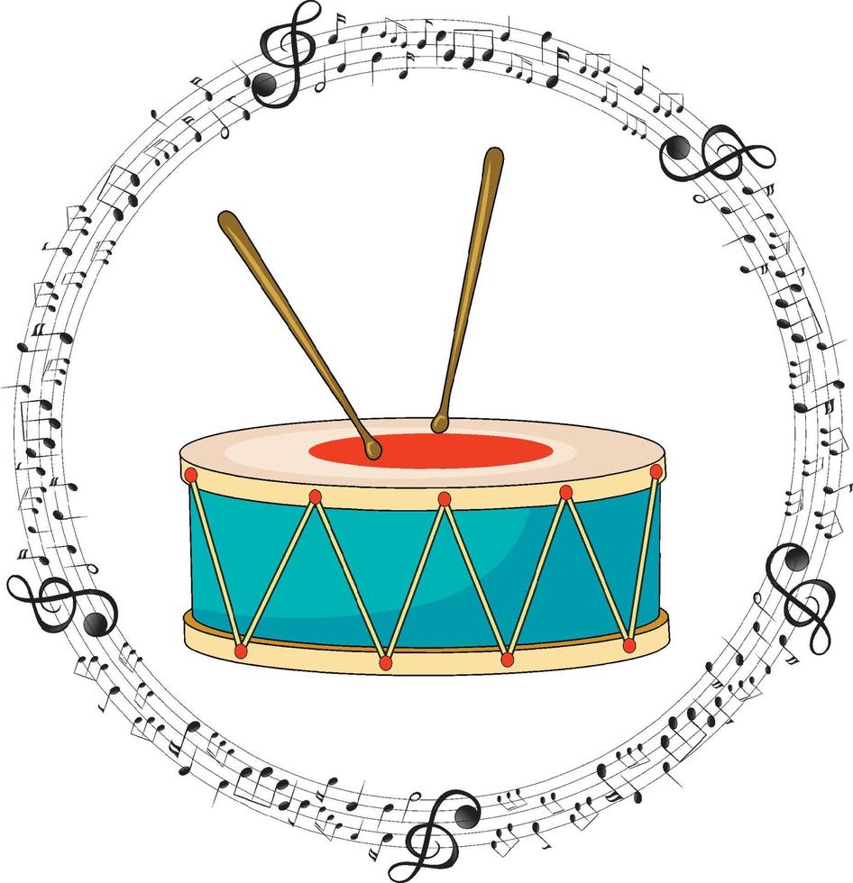 un tambour avec des notes de musique sur fond blanc vecteur