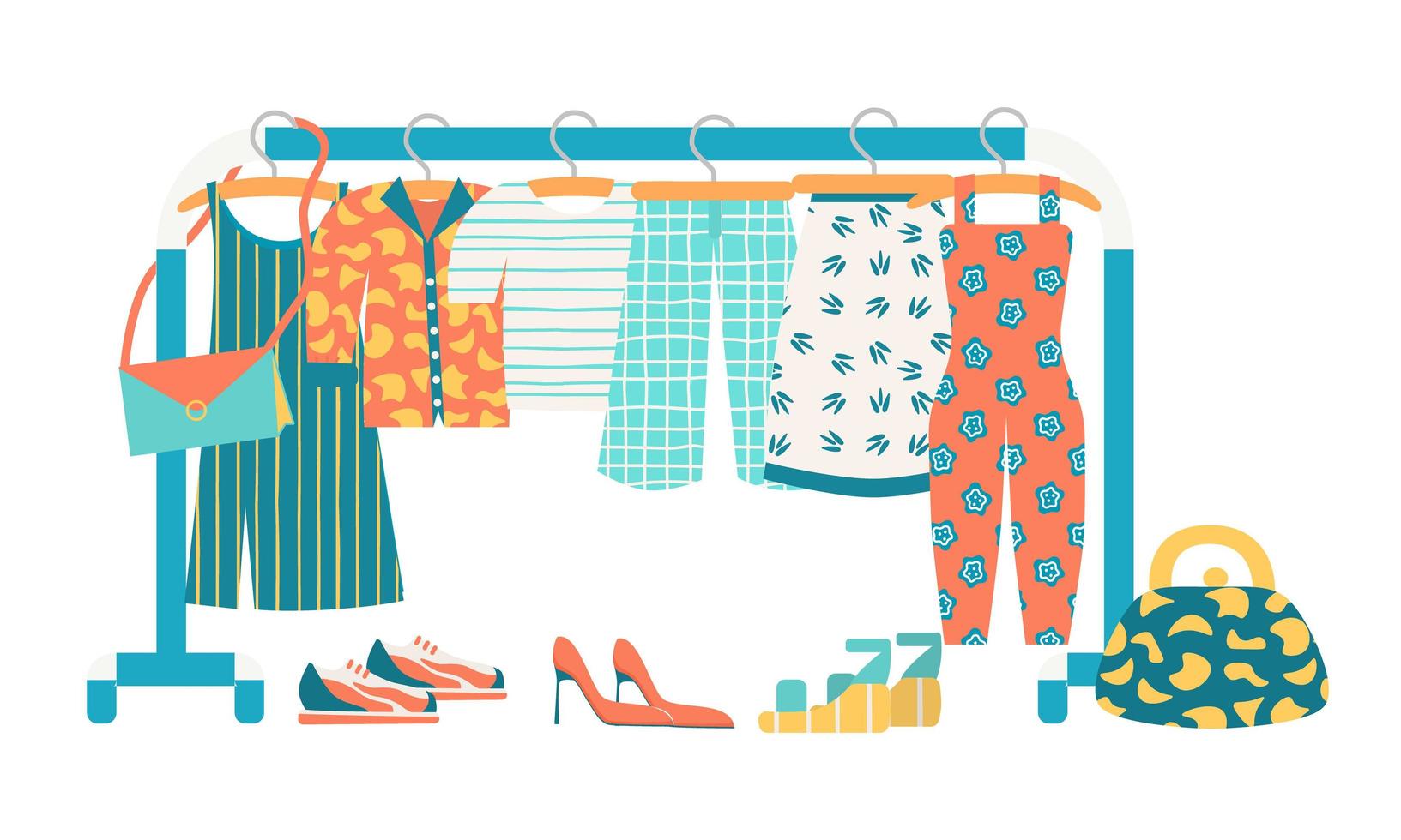 étagères avec vêtements sur cintres. t-shirt, robe d'été, jupe, chemise, salopette et jupe-culotte de couleur tendance. baskets, chaussures, sandales et sacs. illustration vectorielle plane, isolée sur un blanc vecteur