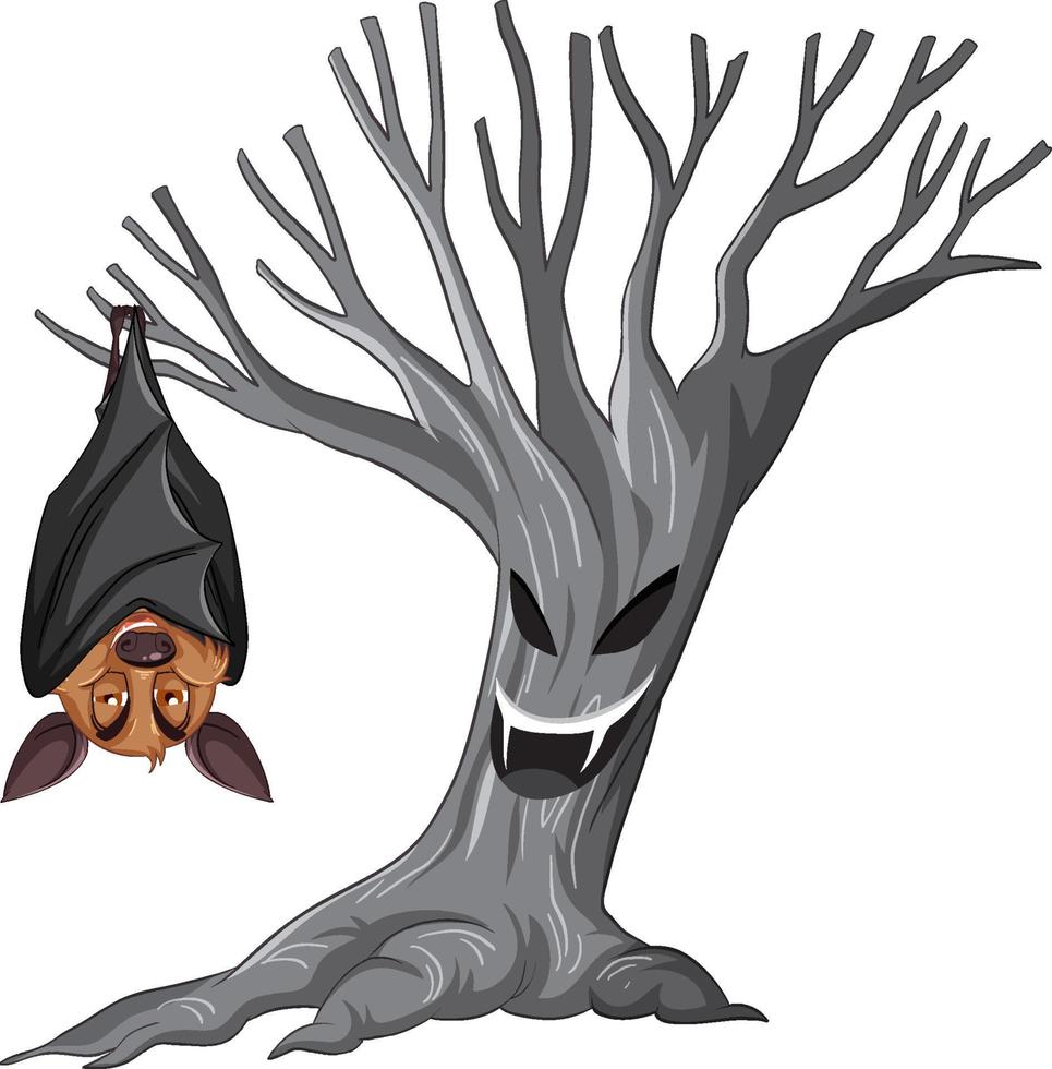 chauve-souris brune accrochée à un arbre fantôme en style cartoon vecteur