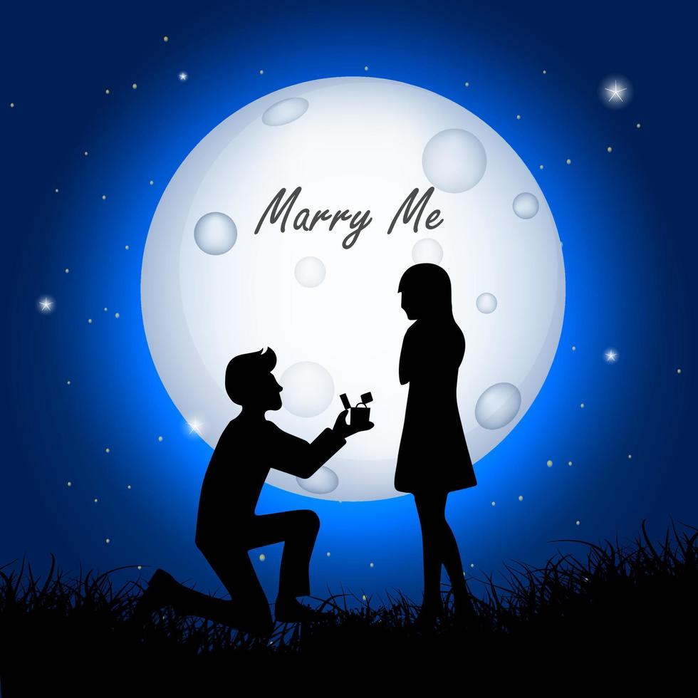 épousez-moi la conception isolée sur fond de nuit étoilée. l'homme propose une femme pour le mariage avec un fond de lune. fond de nuit de lune avec la silhouette du couple. vecteur