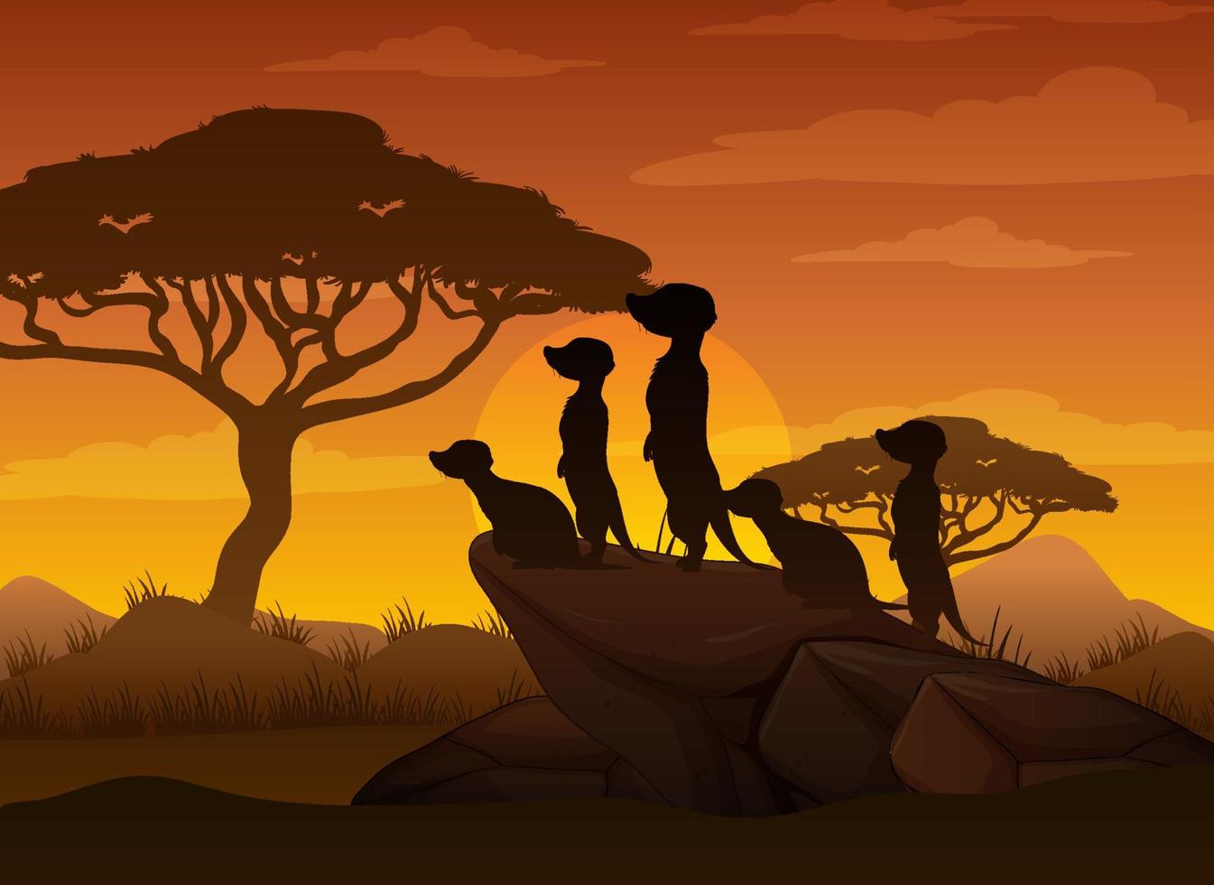 silhouette de famille suricate à la forêt de savane vecteur