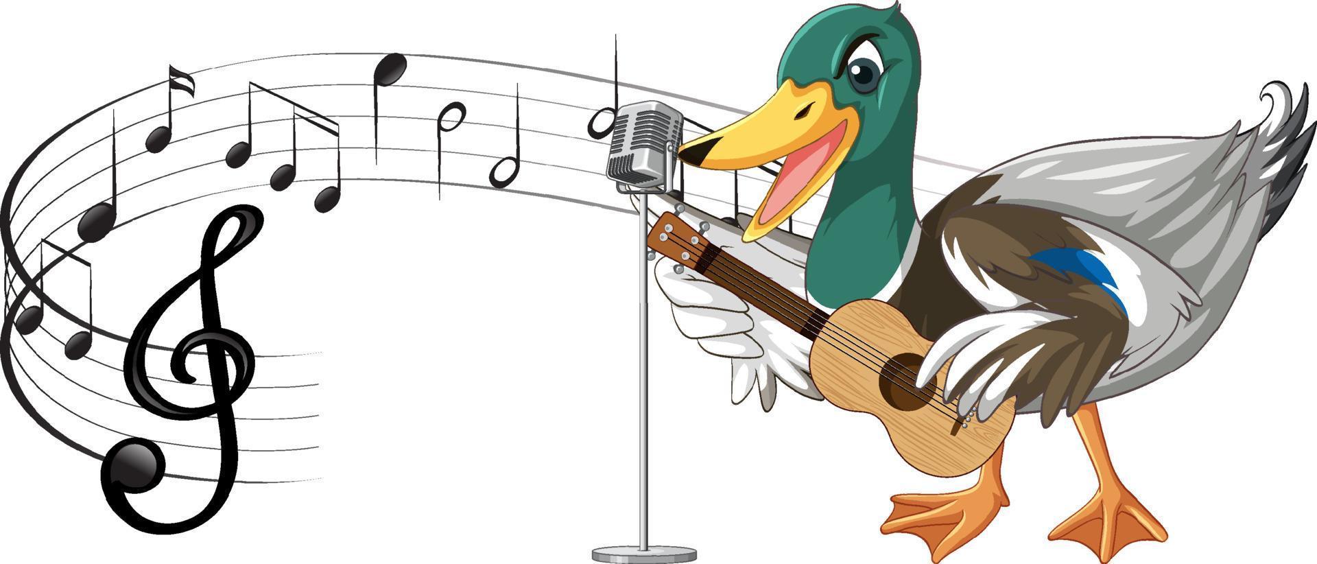 le canard joue de la guitare, ukulélé avec note de musique vecteur