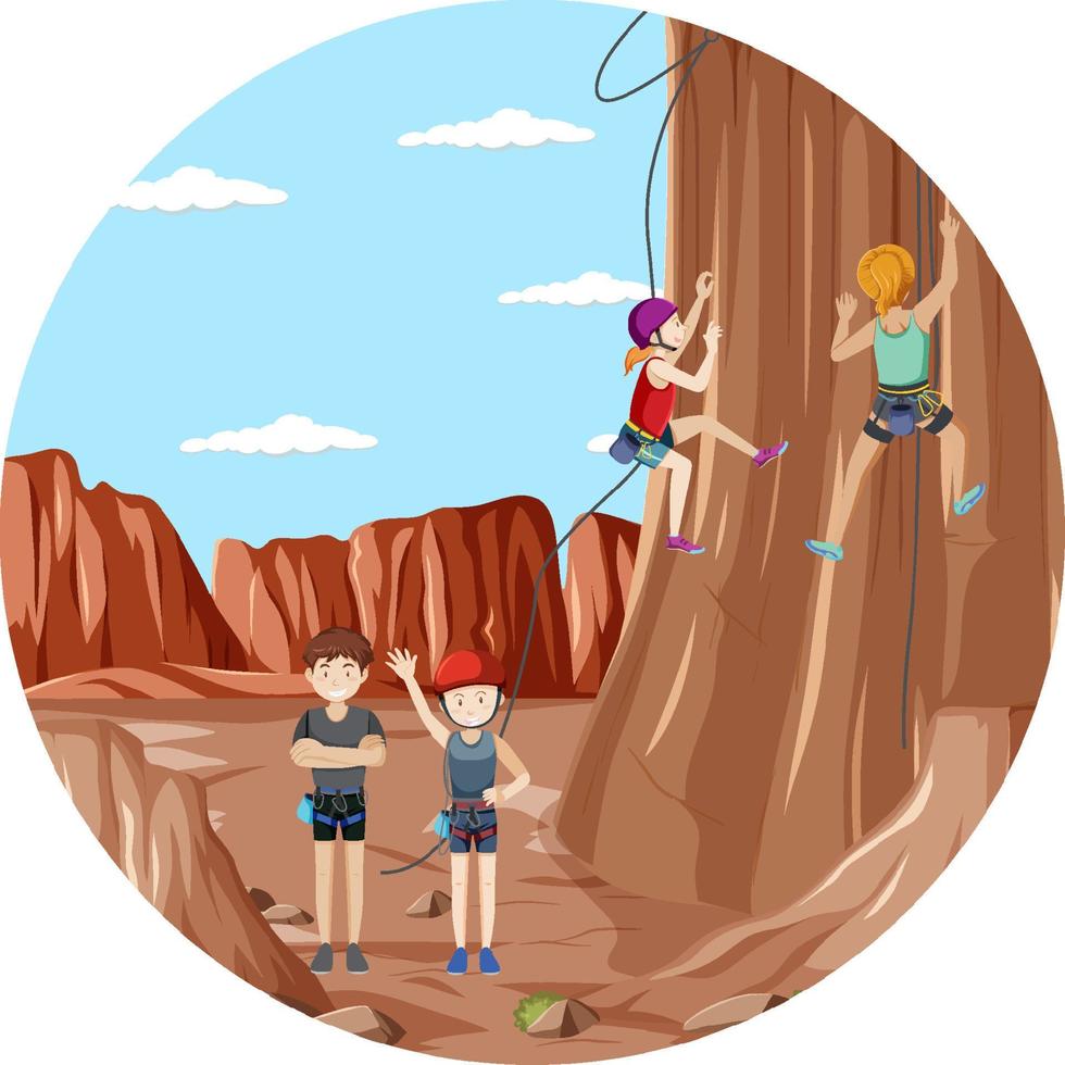 scène avec des gens escaladant une montagne rocheuse sur un cercle vecteur