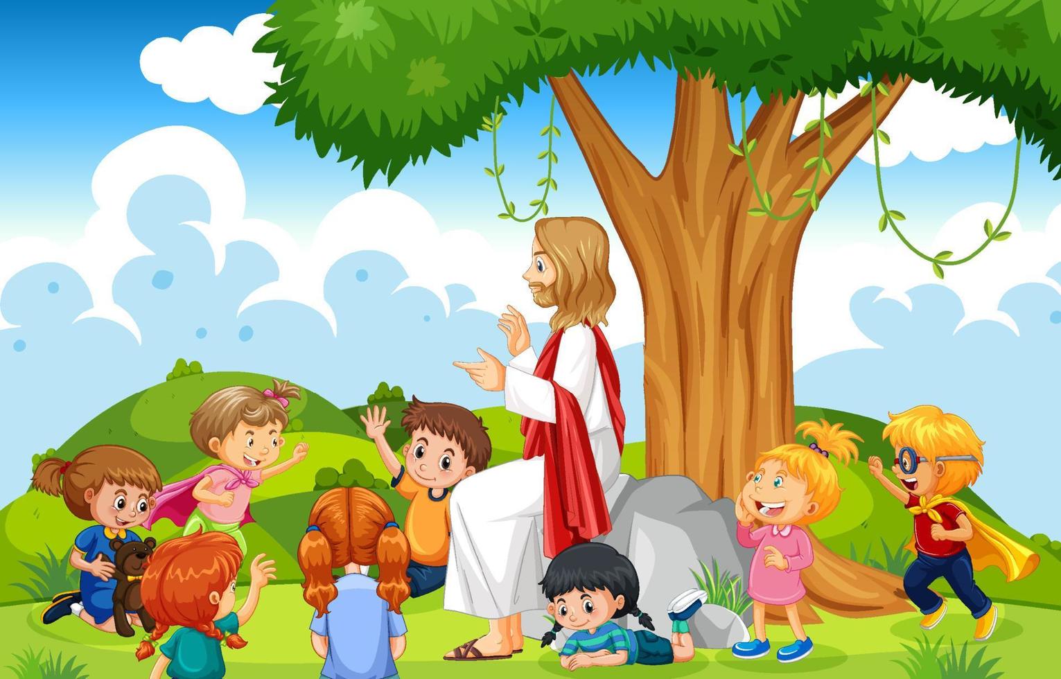 Jésus et les enfants au parc vecteur
