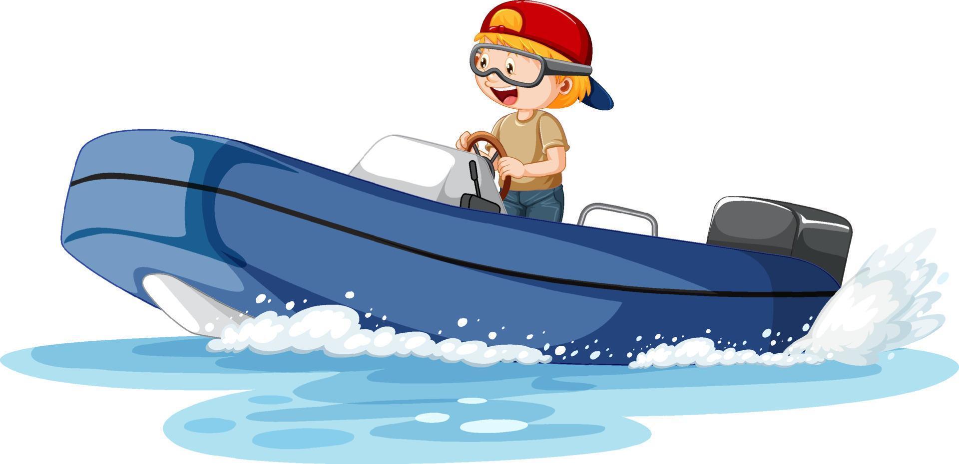 un garçon conduisant un bateau à moteur en style cartoon vecteur