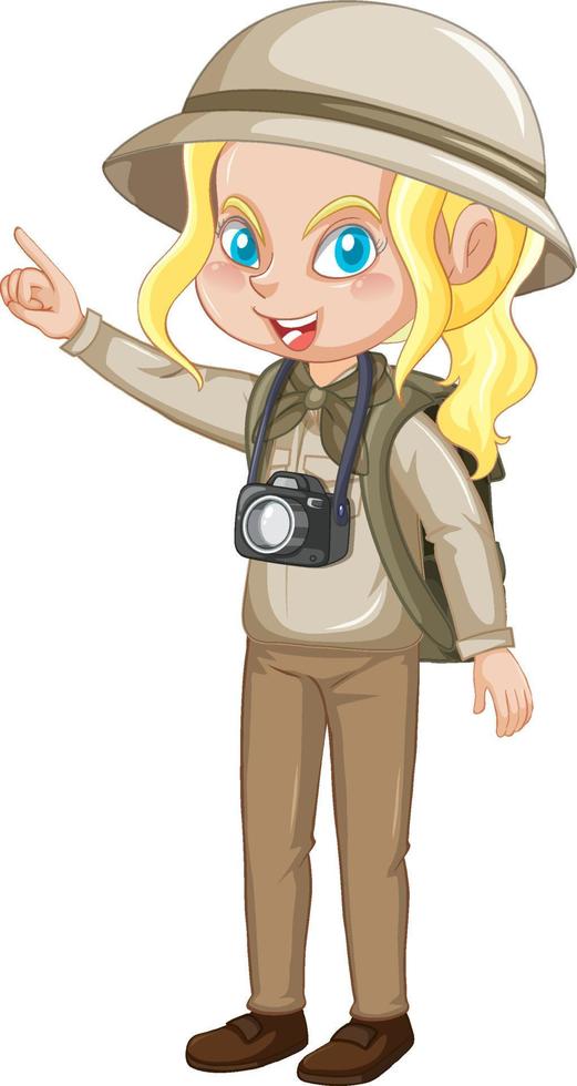 petite fille en tenue de camping avec appareil photo et sac à dos vecteur