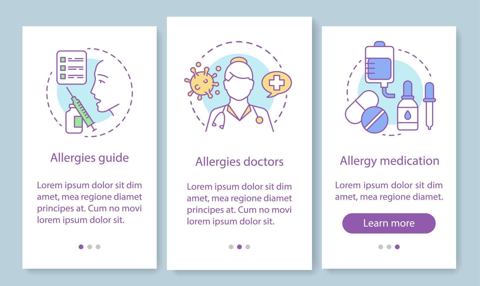 écran de page d'application mobile d'intégration d'aide médicale contre les allergies avec des concepts linéaires. guide des allergies, médecins, instructions graphiques des étapes de la marche à suivre pour les médicaments. ux, ui, modèle vectoriel gui avec illustrations