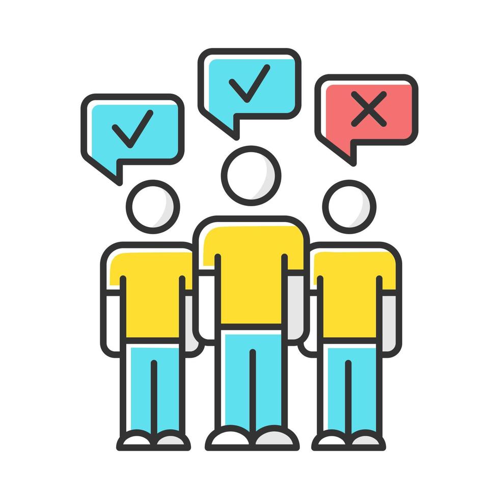 icône de couleur d'enquête de masse. opinion sociale, sondage public. les gens votent. d'accord et pas d'accord. correcte et incorrecte. approuver et désapprouver. rétroaction positive, négative. illustration vectorielle isolée vecteur