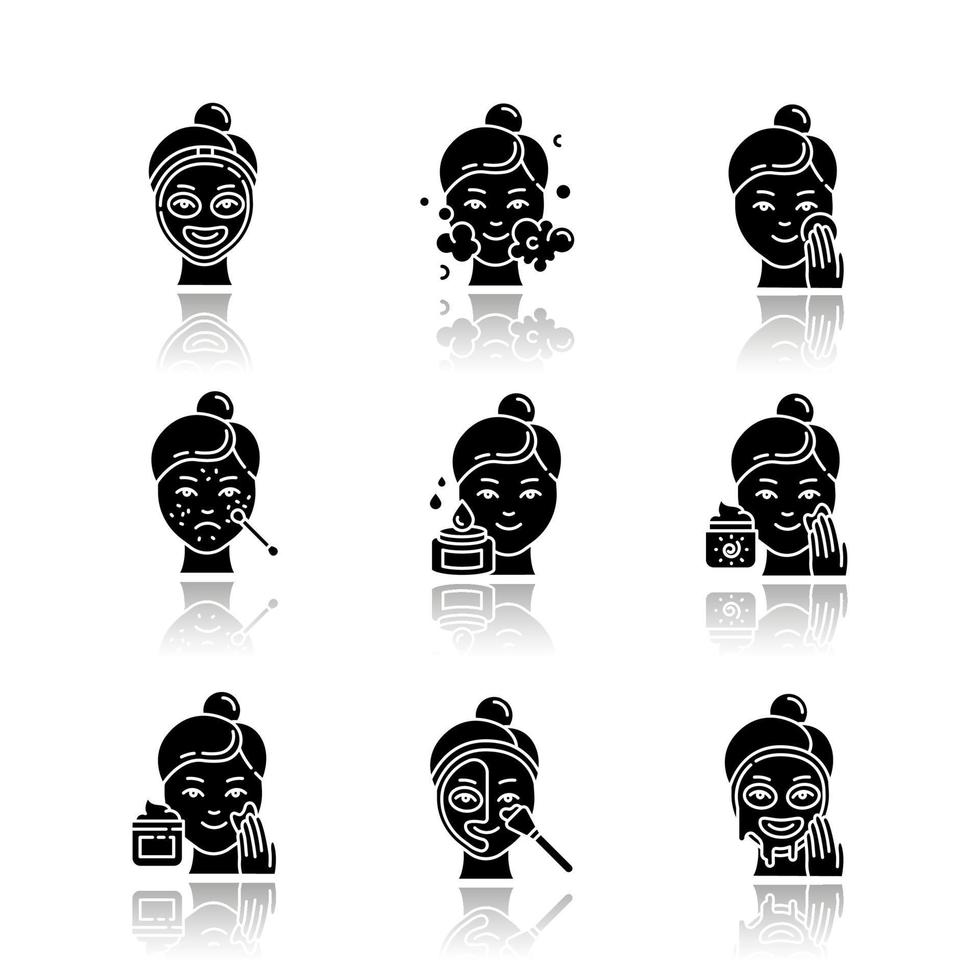 procédures de soins de la peau ensemble d'icônes de glyphe noir d'ombre portée. traitement localisé de l'acné et des points noirs. appliquer un écran solaire. nettoyant visage hydratant. masque thermique. illustrations vectorielles isolées vecteur