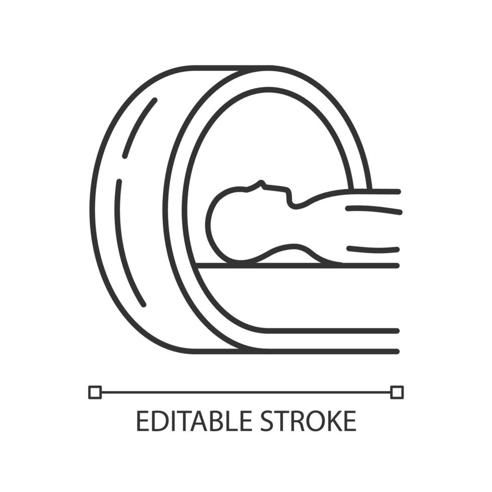 icône linéaire de tomographie. scanner cérébral. contrôle du risque de tumeur cancéreuse. diagnostic de maladie. examen de la maladie. illustration de la ligne mince. symbole de contour. dessin de contour isolé de vecteur. trait modifiable vecteur