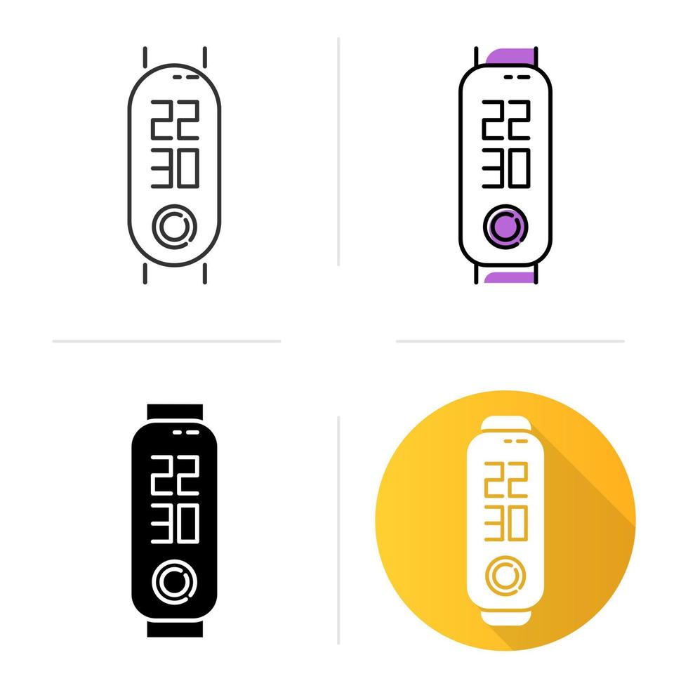 ensemble d'icônes de fonction d'horloge de suivi de la condition physique. équipement de bien-être moderne avec option de mesure du temps. appareil à la mode, smartwatch. styles linéaire, noir et couleur. illustrations vectorielles isolées vecteur