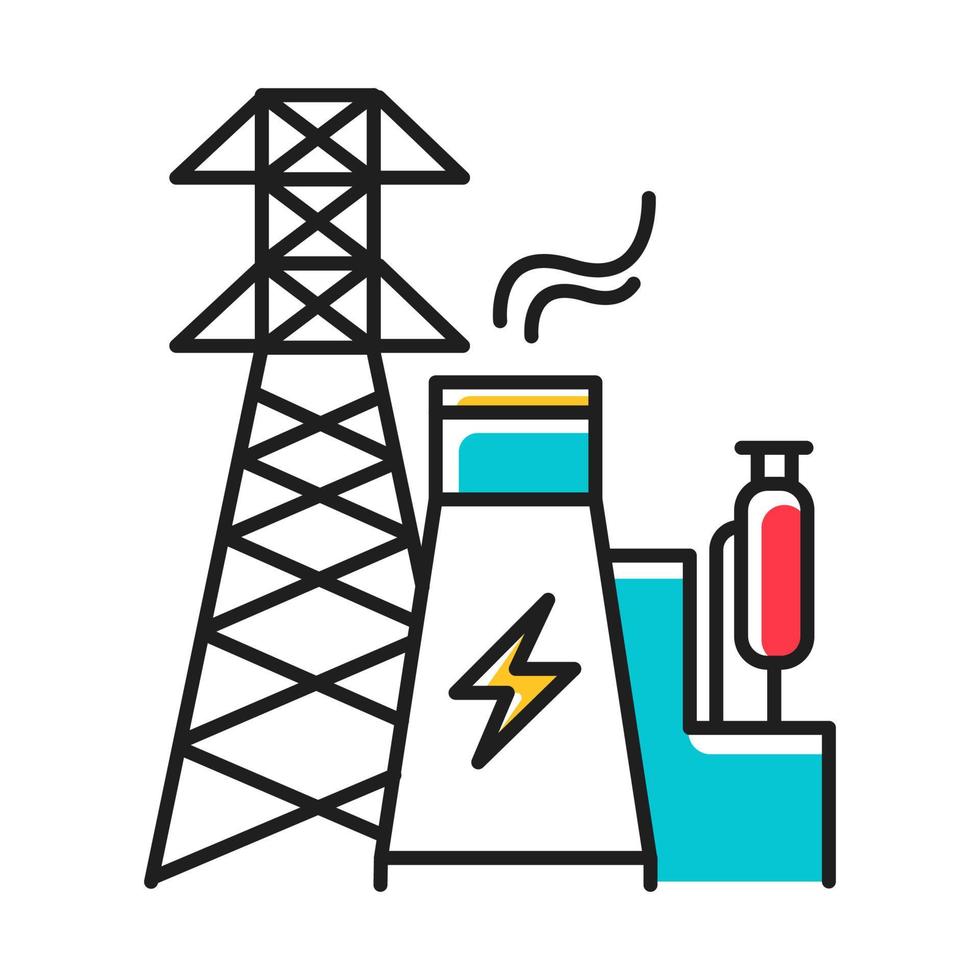 icône de couleur bleue de l'industrie de l'énergie. ingénierie électrique. production et transport d'électricité. secteur électrique. centrale nucléaire et tour à haute tension. illustration vectorielle isolée vecteur