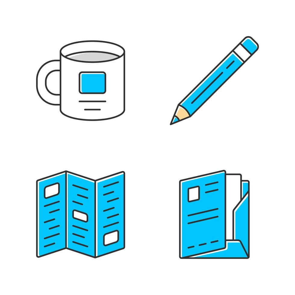 ensemble d'icônes de couleur d'outils commerciaux. pack d'illustrations vectorielles isolées d'accessoires de bureau. employé de l'entreprise, équipement d'homme d'affaires. tasse personnelle, livret d'entreprise, crayon et chemise de documents vecteur